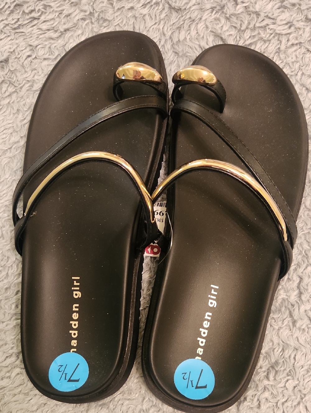 Madden Girl Black Slide Sandals with Gold Accent Circles